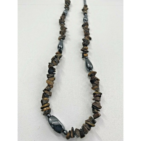 Vintage Opera Polished Stone Beaded Necklace Semi Precious Stones Single Strand - Picture 2 of 11